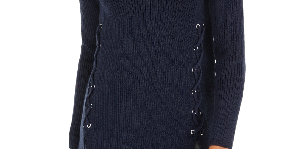 Style & Co Women's Mock Neck Lace-Up Ribbed Knit Sweater Navy Size X-Small