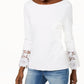 INC International Concepts Women's Lace Cuff Bell Sleeve Sweater White Size Small