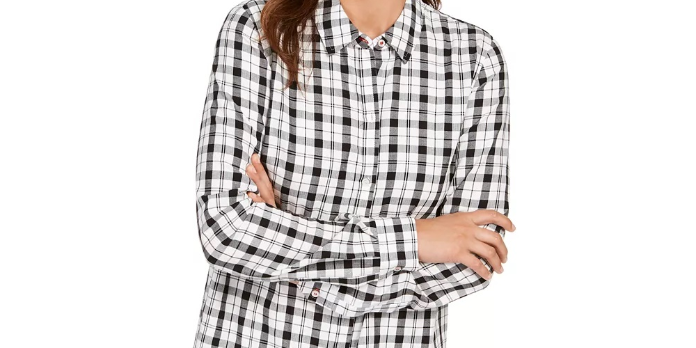 Charter Club Women's White Plaid Cuffed Button Up Top Size Medium White Size Medium