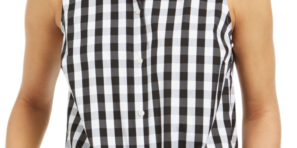 Charter Club Women's Gingham Print Tie Hem Shirt Black Size 16