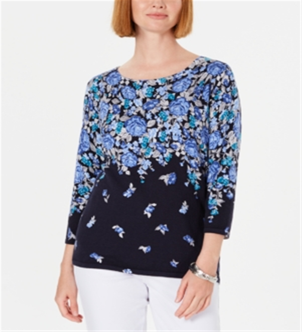 Karen Scott Women's Floral Print Sweater Blue Size X-Large