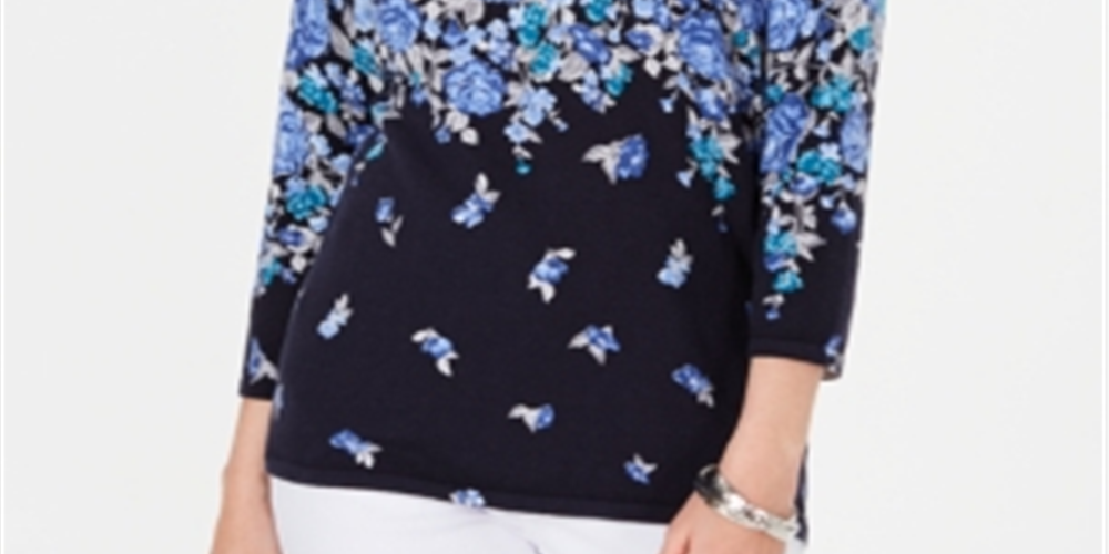 Karen Scott Women's Floral Print Sweater Blue Size X-Large