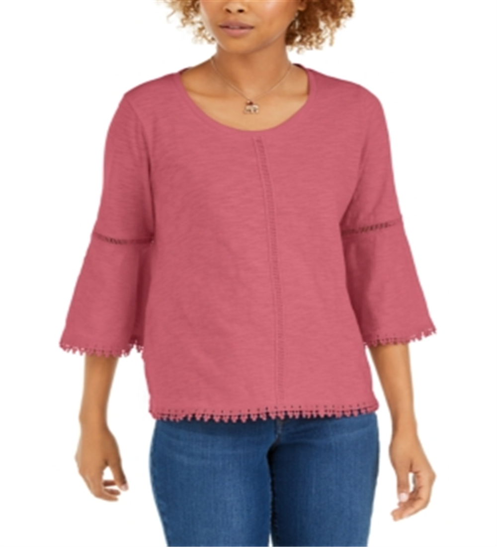 Style & Co Women's Crochet Trim Bell Sleeve To Pink Size Small