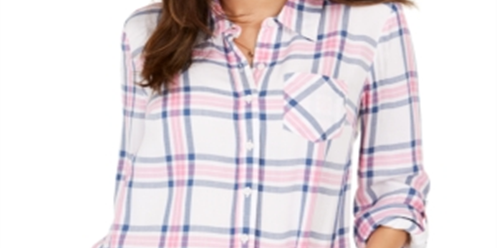 Style & Co Women's Cotton Tab Sleeve Plaid Shirt Brown Size Petite