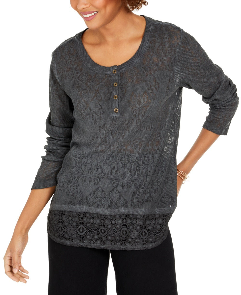 Style & Co Women's Lace Henley Top Black Size X-Small