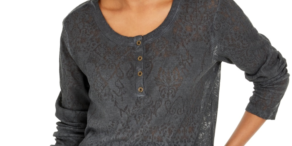 Style & Co Women's Lace Henley Top Black Size X-Small