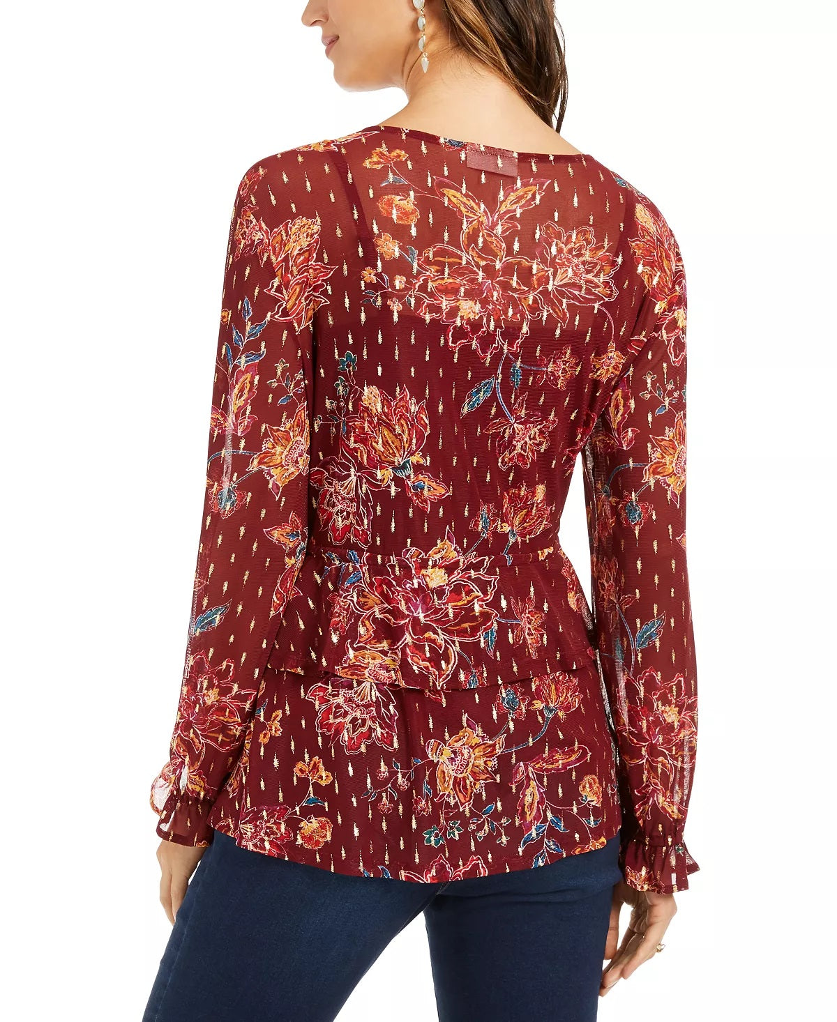 Style & Co Women's Printed Drawstring Waist Top Red Size PM