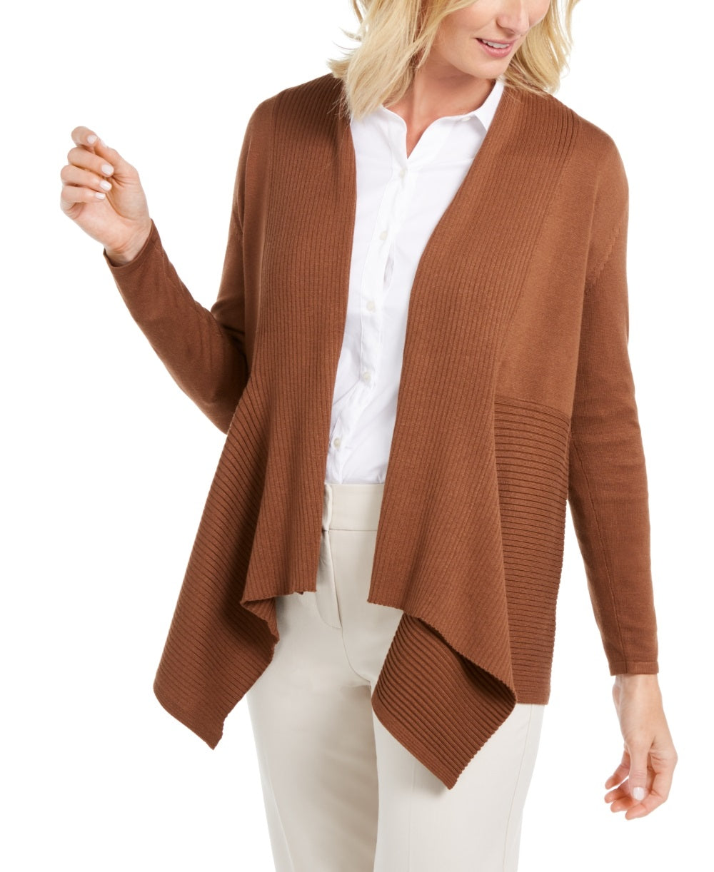 JM Collection Women's Ribbed Handkerchief Hem Cardigan Brown Size X-Large