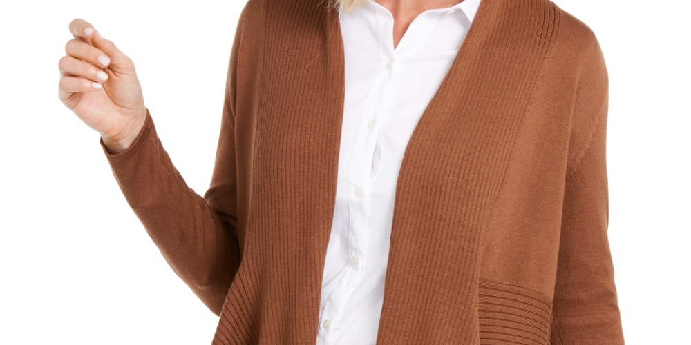 JM Collection Women's Ribbed Handkerchief Hem Cardigan Brown Size X-Large