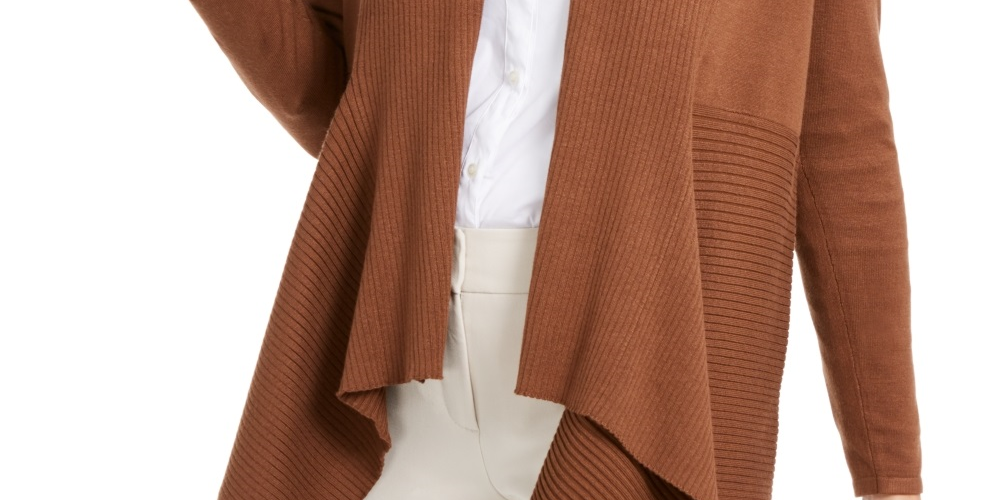 JM Collection Women's Ribbed Handkerchief Hem Cardigan Brown Size X-Large