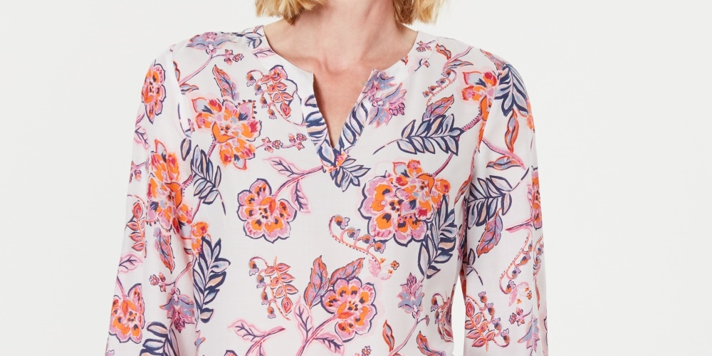 Charter Club Women's Petite Double-Floral Printed Tunic White Size PL