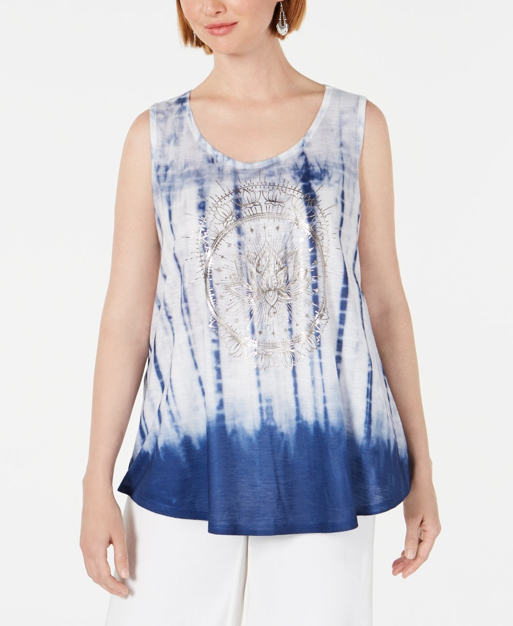 Style & Co Women's Graphic Tie Dyed Sleeveless Top White/Navy Size X-Large