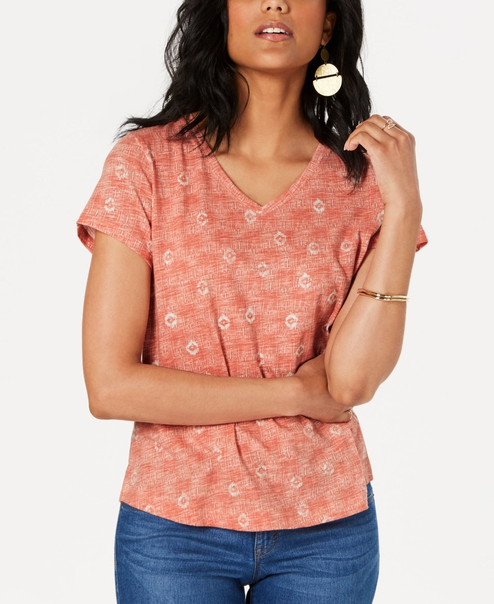 Style & Co Women's Cotton Printed V Neck T-Shirt  Orange Size PP