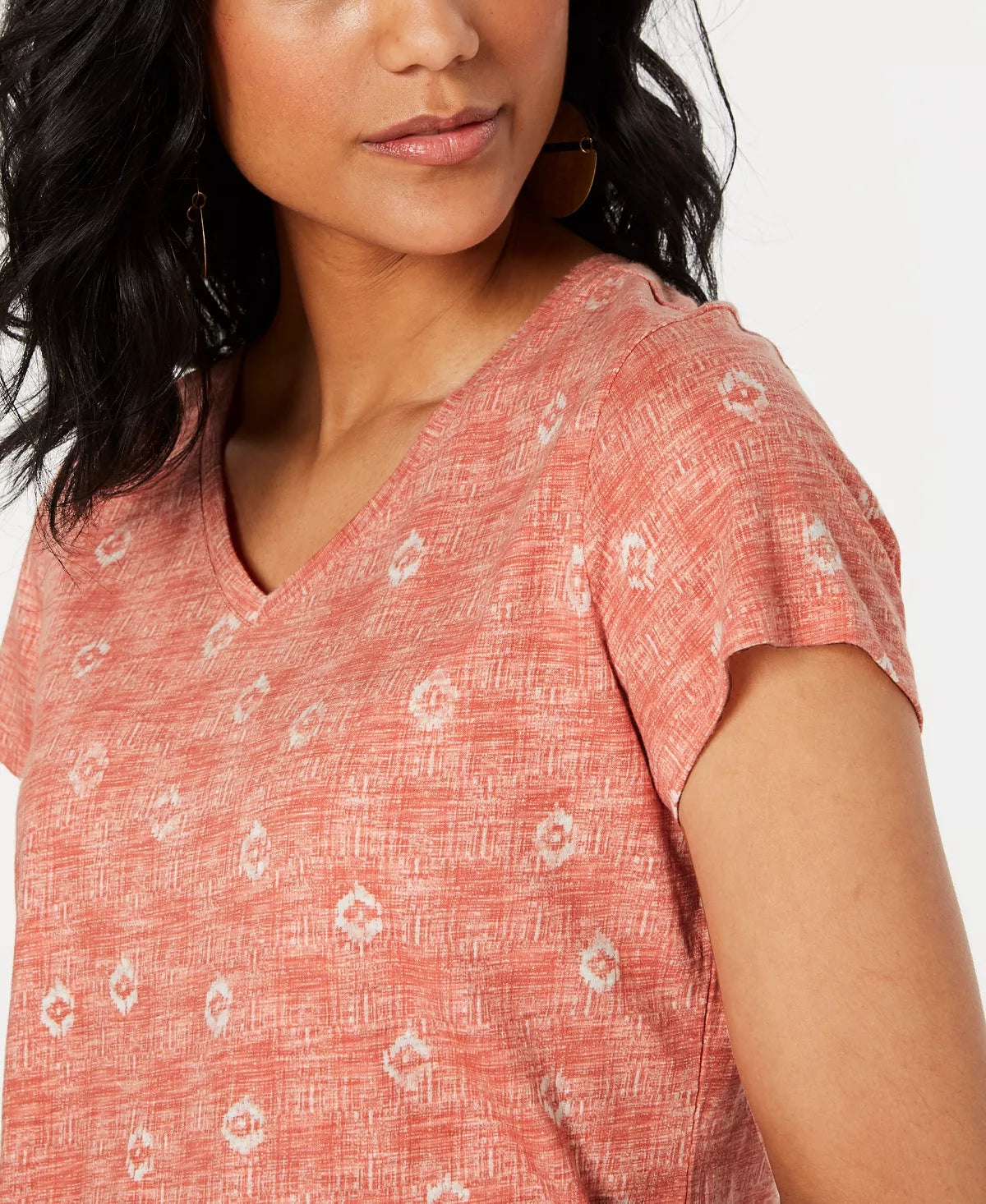 Style & Co Women's Cotton Printed V Neck T-Shirt  Orange Size PP