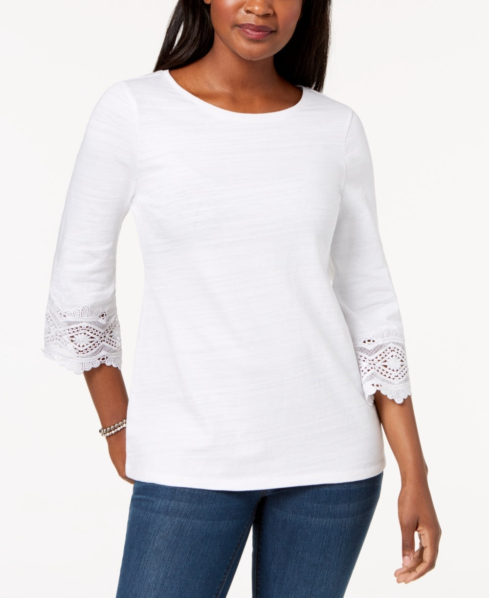 Charter Club Women's Cotton Lace Trim Top White Size Medium