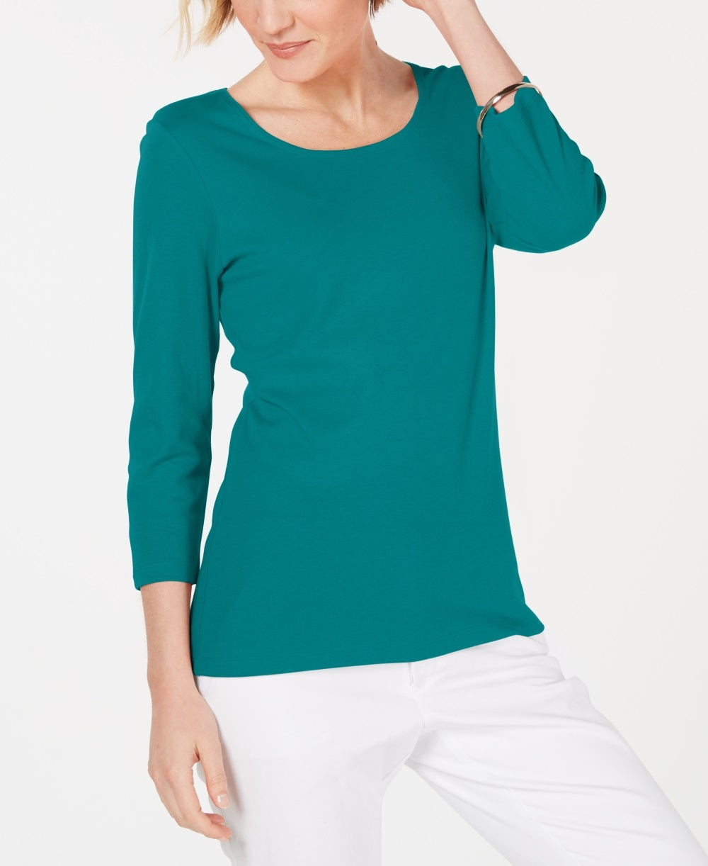 Karen Scott Women's Cotton Scoop Neck Top Green Size PS