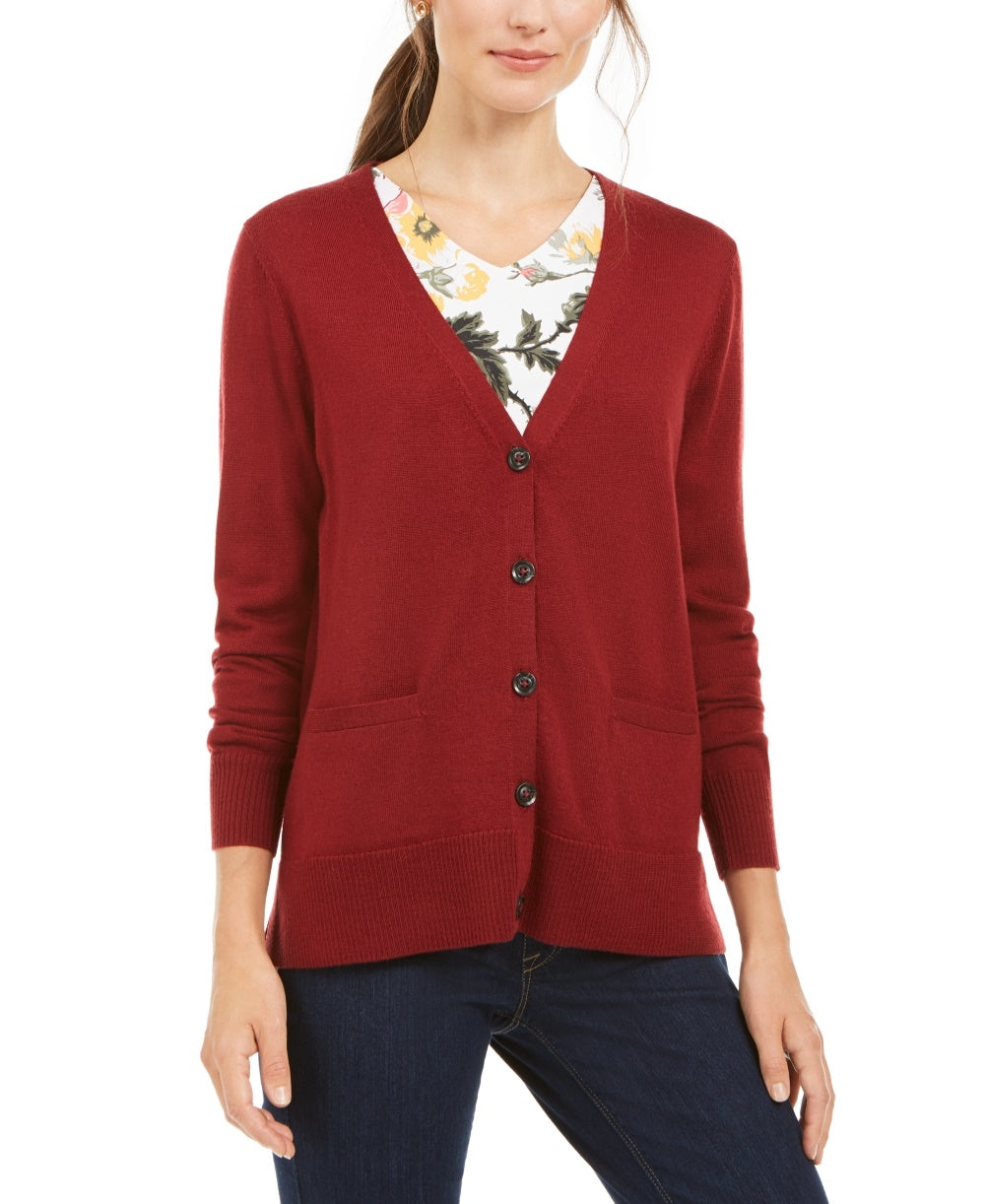 Charter Club Women's Merino Wool V Neck Cardigan Red Size X-Small