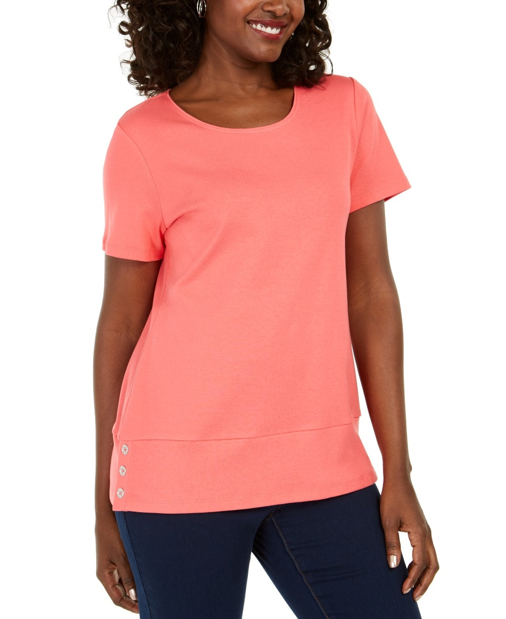 Karen Scott Women's Button-Hem Scoop-Neck Cotton Top Pink Size Small