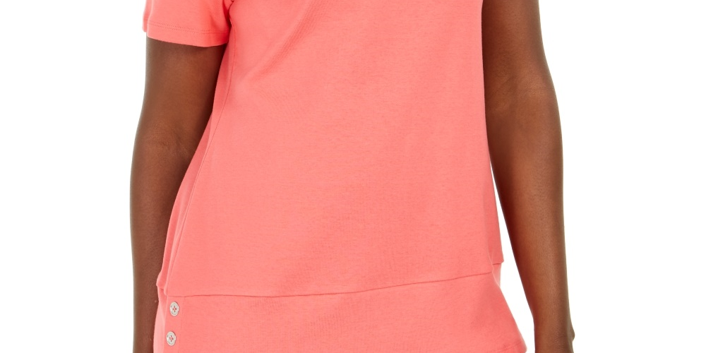 Karen Scott Women's Button-Hem Scoop-Neck Cotton Top Pink Size Small