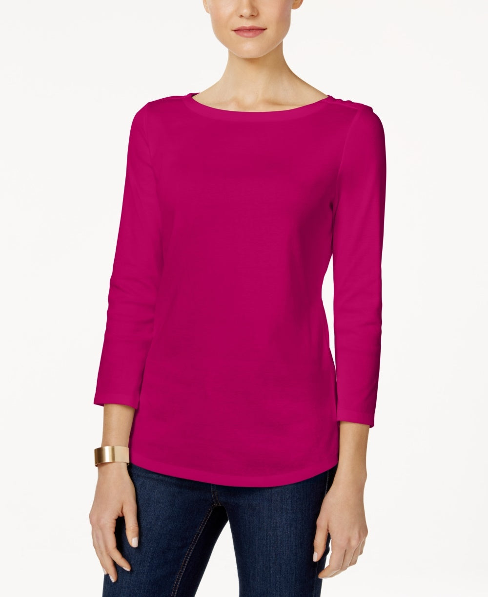 Charter Club Women's Pima Cotton Boat Neck Button Shoulder Top Pink Size Small
