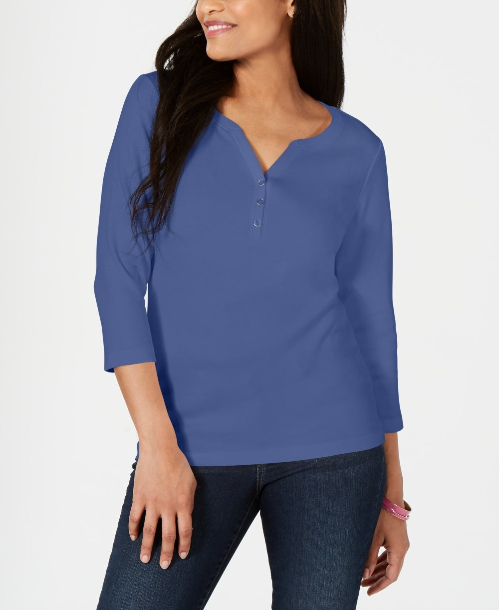 Karen Scott Women's Cotton Henley Top Blue Size Large