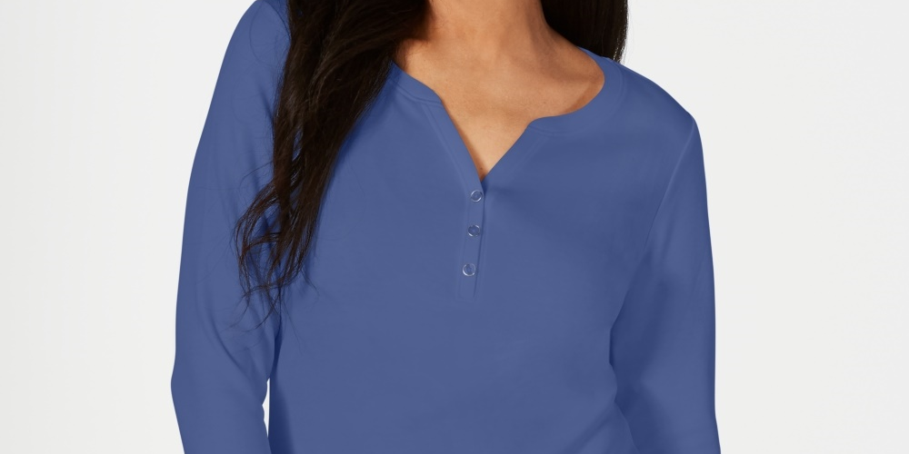 Karen Scott Women's Cotton Henley Top Blue Size Large