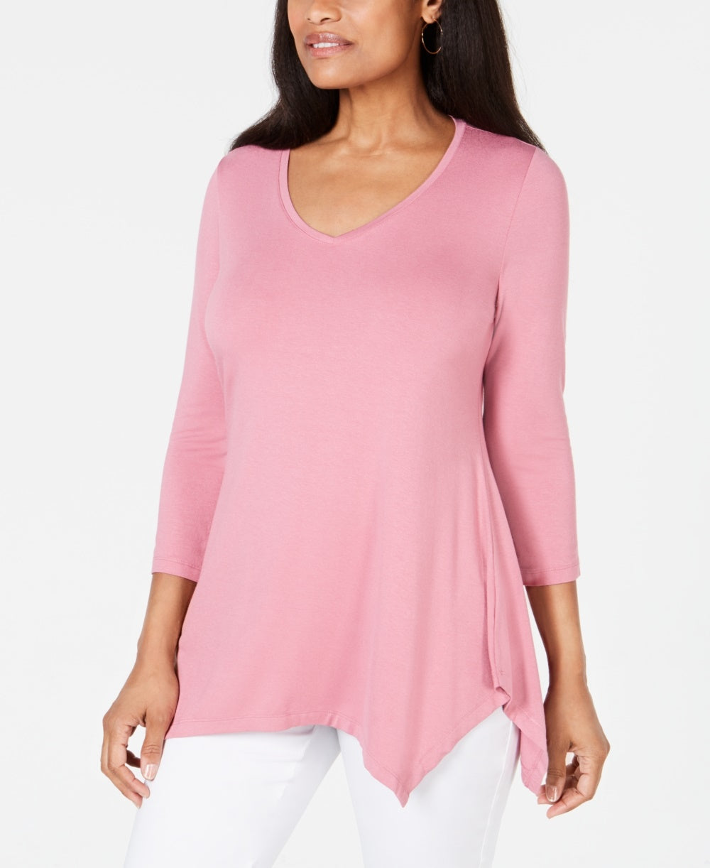 JM Collection Women's V-Neck Handkerchief-Hem Top Pink Size Large