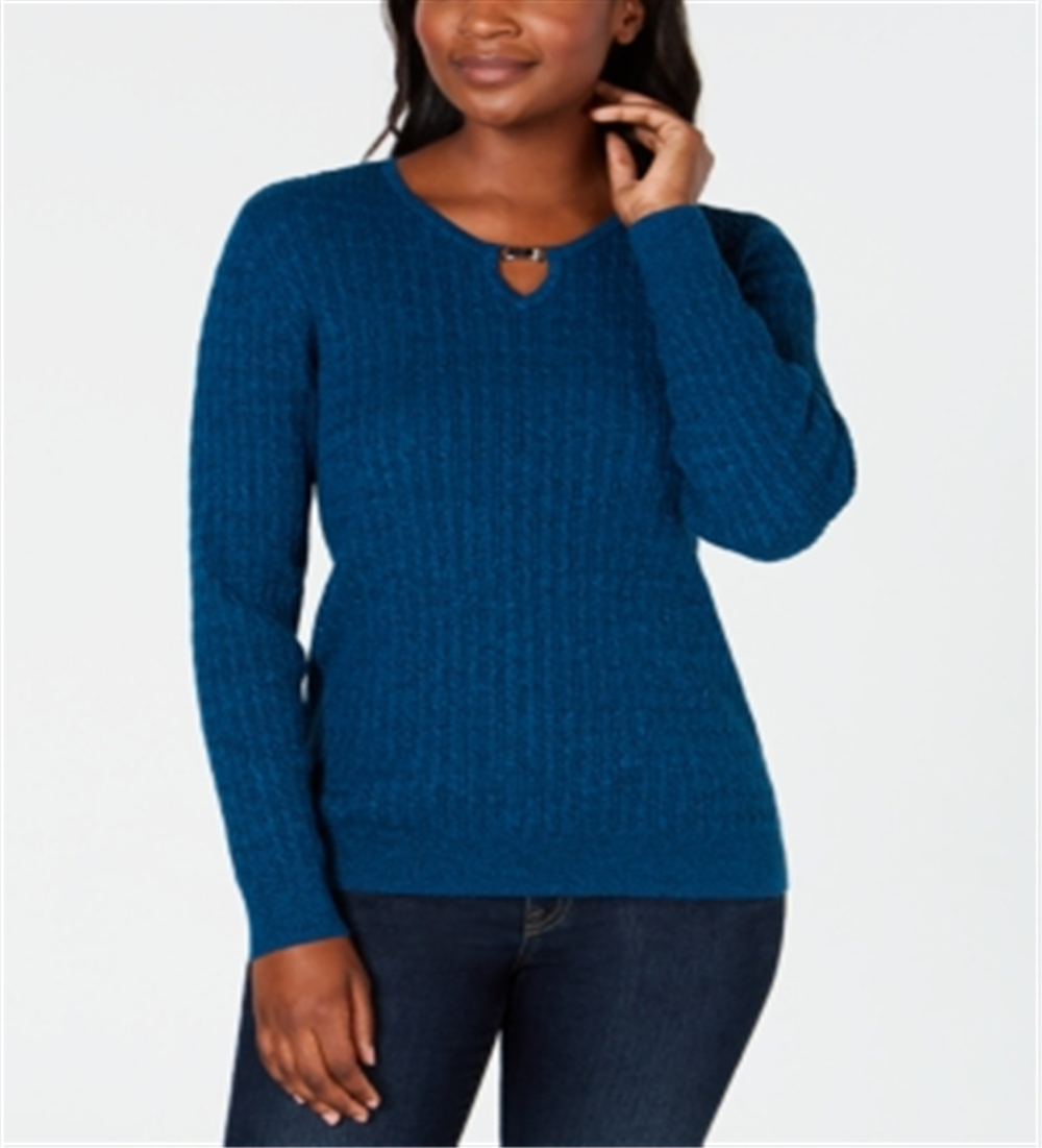 Karen Scott Women's Cotton Cable Knit Keyhole Sweater Blue Size Petite Small