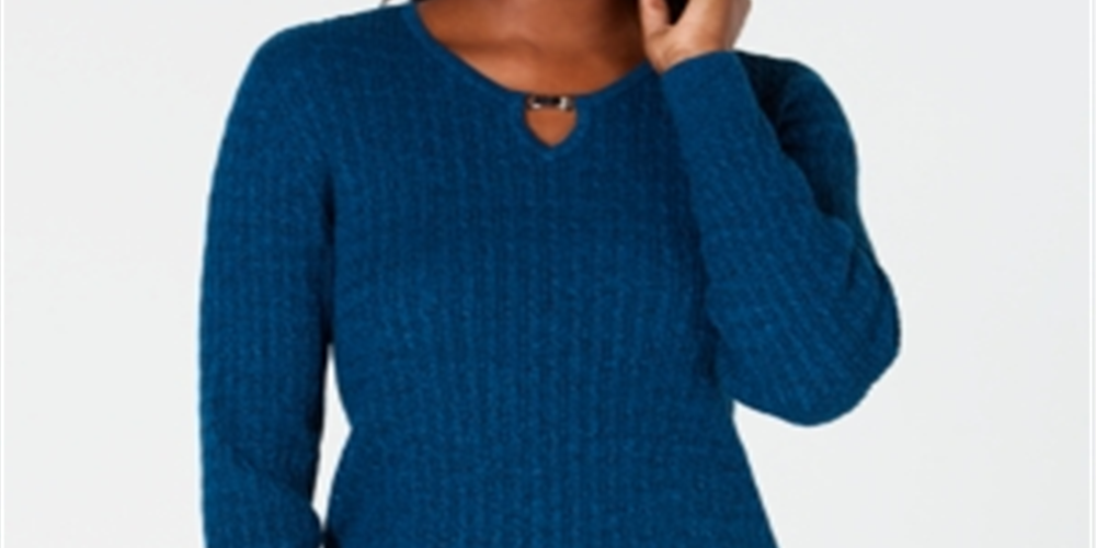 Karen Scott Women's Cotton Cable Knit Keyhole Sweater Blue Size Petite Small