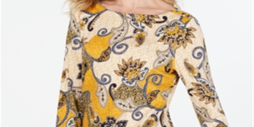Charter Club Women's Printed Cotton 3/4 Sleeve Top Yellow Size Large