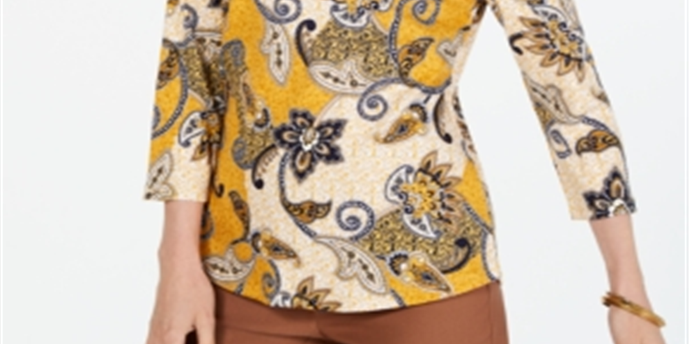 Charter Club Women's Printed Cotton 3/4 Sleeve Top Yellow Size Large