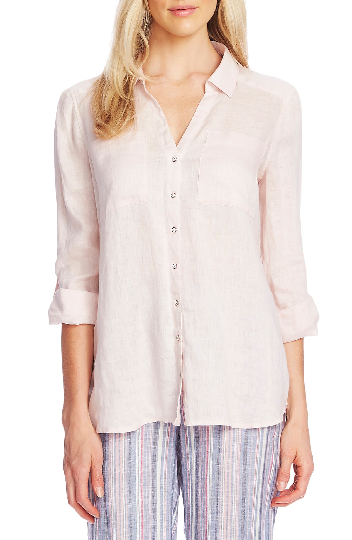 Vince Camuto Women's Linen Long Sleeves Button Down Top Pink Size XS