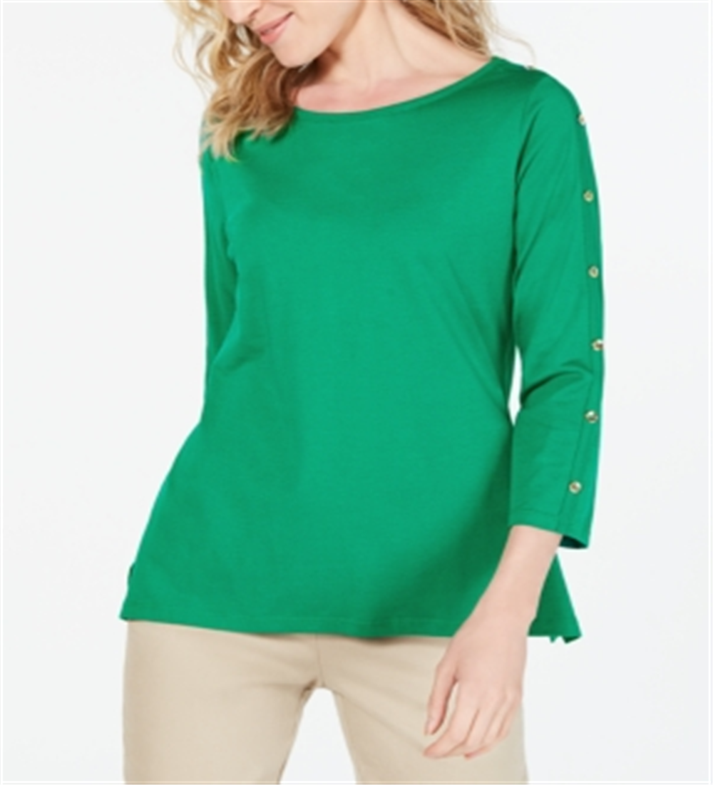 Charter Club Women's Supima Cotton Embellished Top Green Size Small