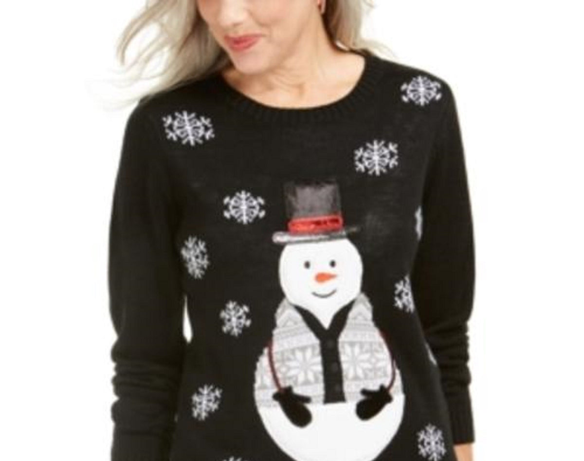 Karen Scott Women's Sequined Snowman Holiday Sweater Black Size Large