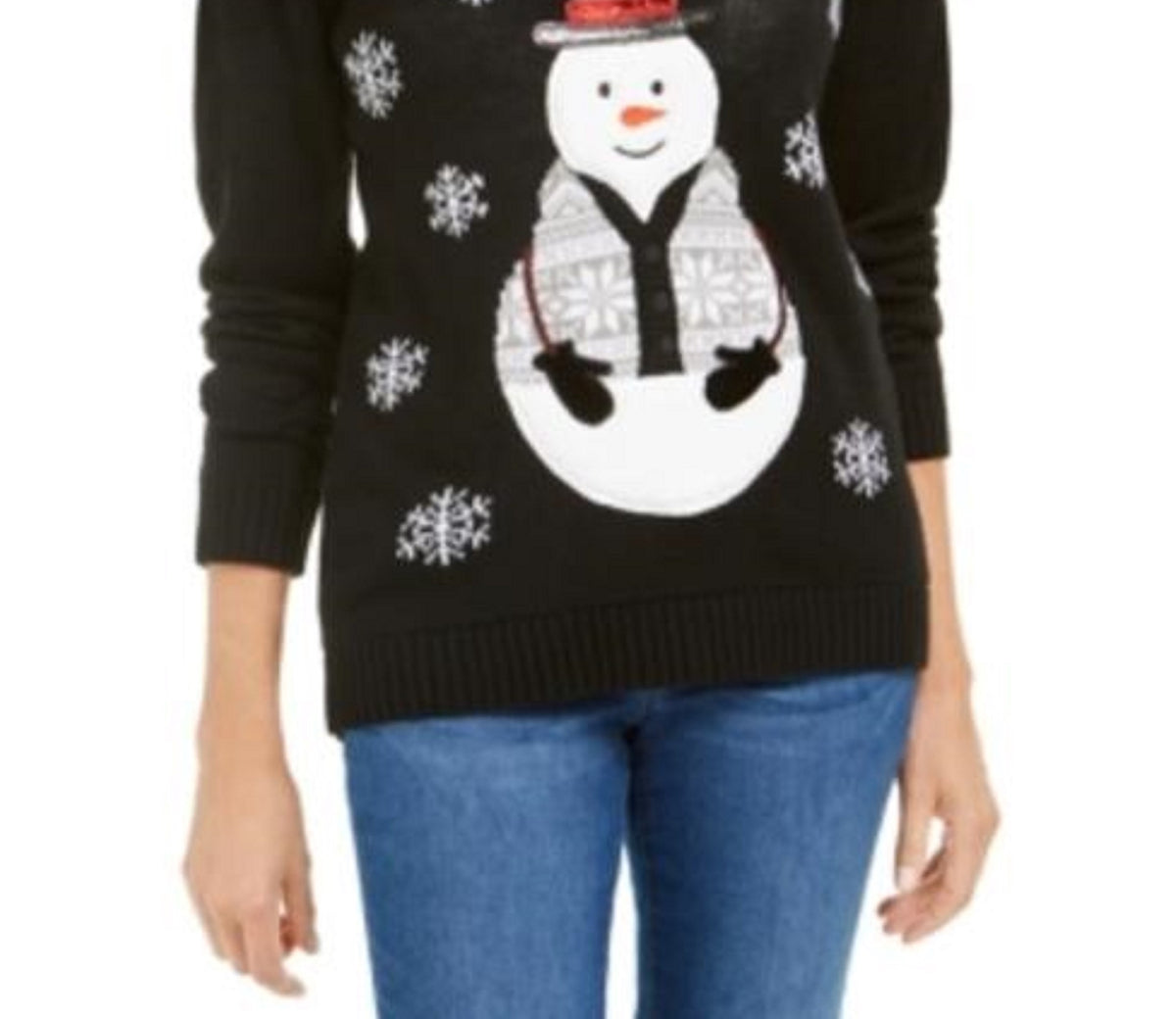 Karen Scott Women's Sequined Snowman Holiday Sweater Black Size Large