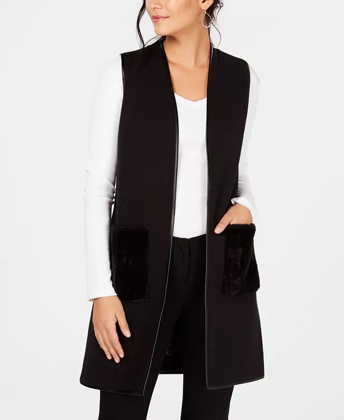 JM Women's Collection Faux-Fur-Pocket Vest Black Size Small