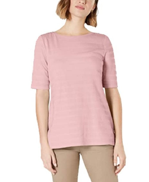 Charter Club Women's Cotton Texture-Striped Elbow-Sleeve Top Dark Pink Size Extra Large