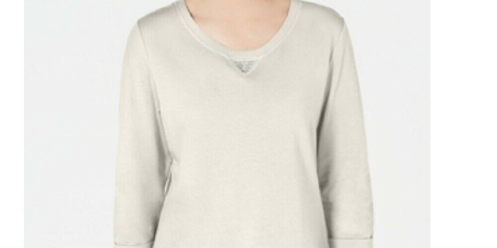 Karen Scott Women's Sport Cotton Studded 3/4 Sleeve Sweatshirt White Size Small