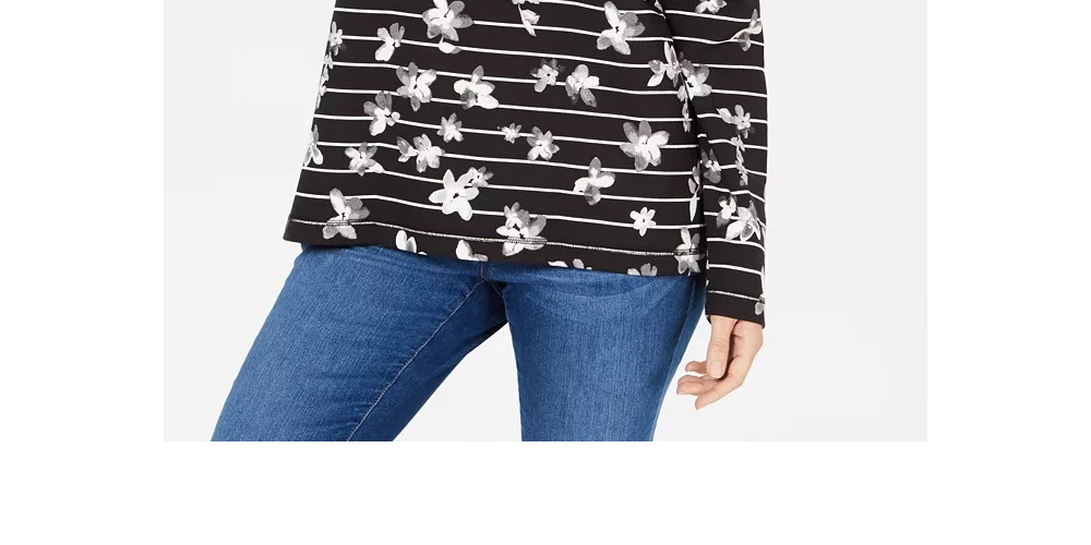 Karen Scott Women's Floral-Print Striped Funnel-Neck Top Black Size Petite Medium