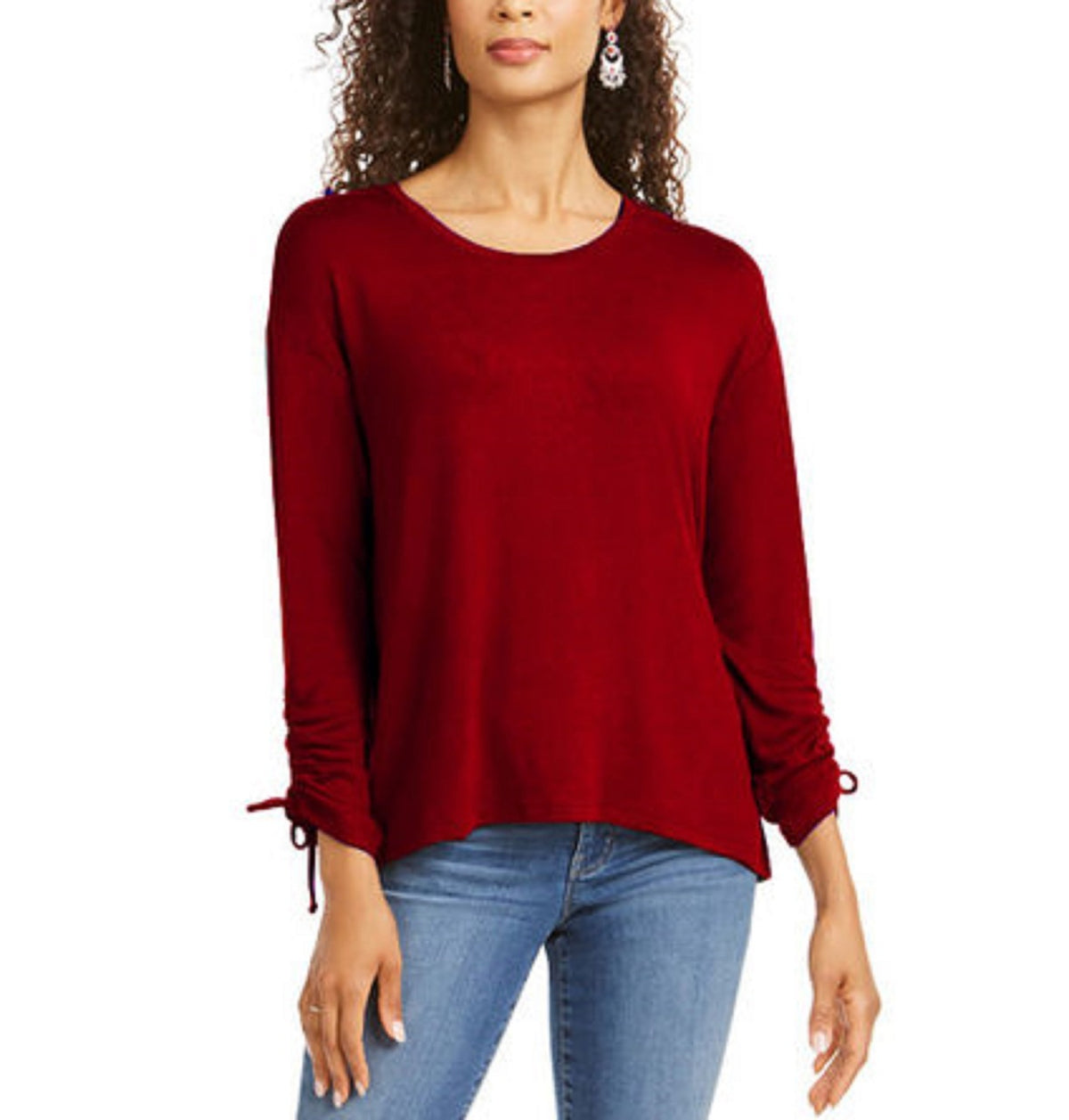 Style & Co Women's Drawstring Tie Cuff Top Wine Size Extra Large