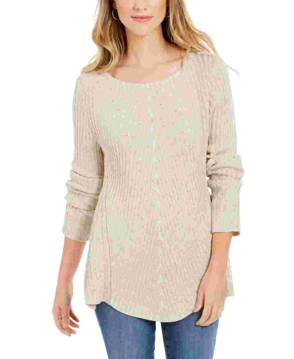 Style & Co Women's Scalloped Hem Ribbed Knit Sweater Beige Size Large