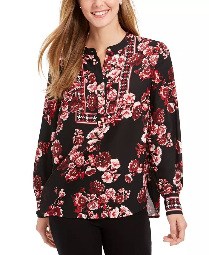 Charter Club Women's Printed Banded-Collar Blouson Top Red Size Small