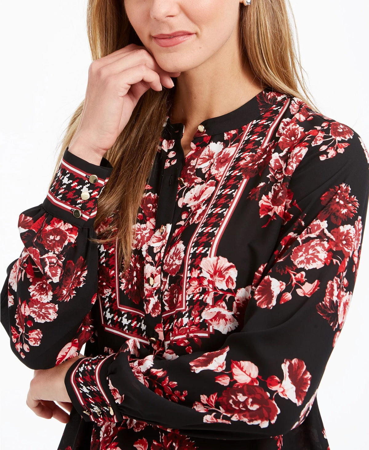 Charter Club Women's Printed Banded-Collar Blouson Top Red Size Small