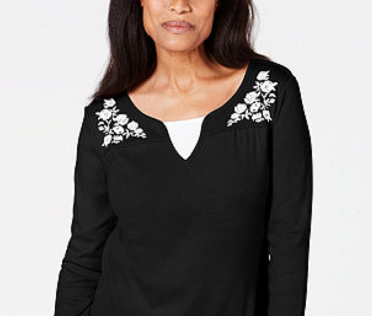 Karen Scott Women's Embroidered Cotton Layered-Look Top Black Size Small