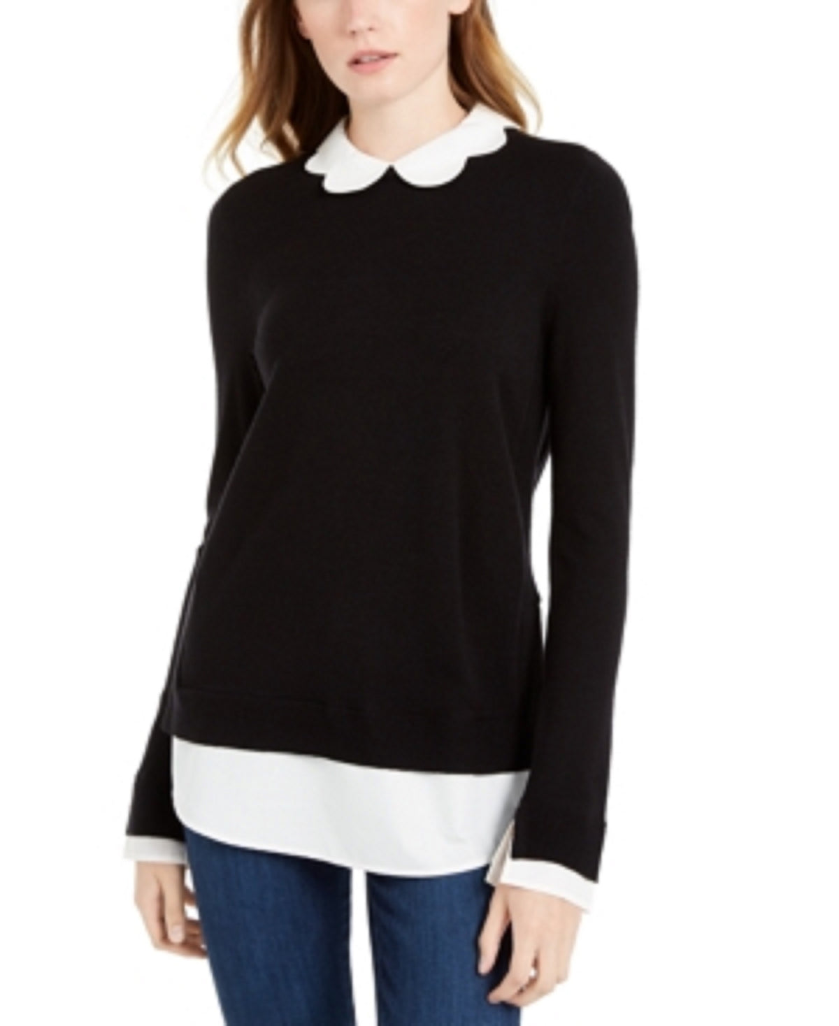 Maison Jules Women's Scalloped-Neck Layered-Look Sweater Black Size Large