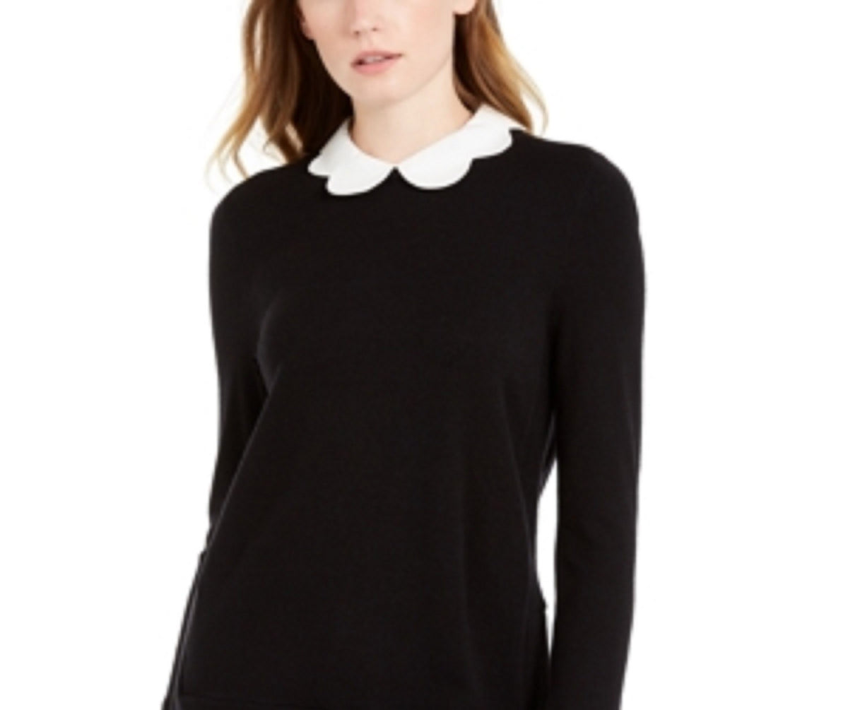 Maison Jules Women's Scalloped-Neck Layered-Look Sweater Black Size Large