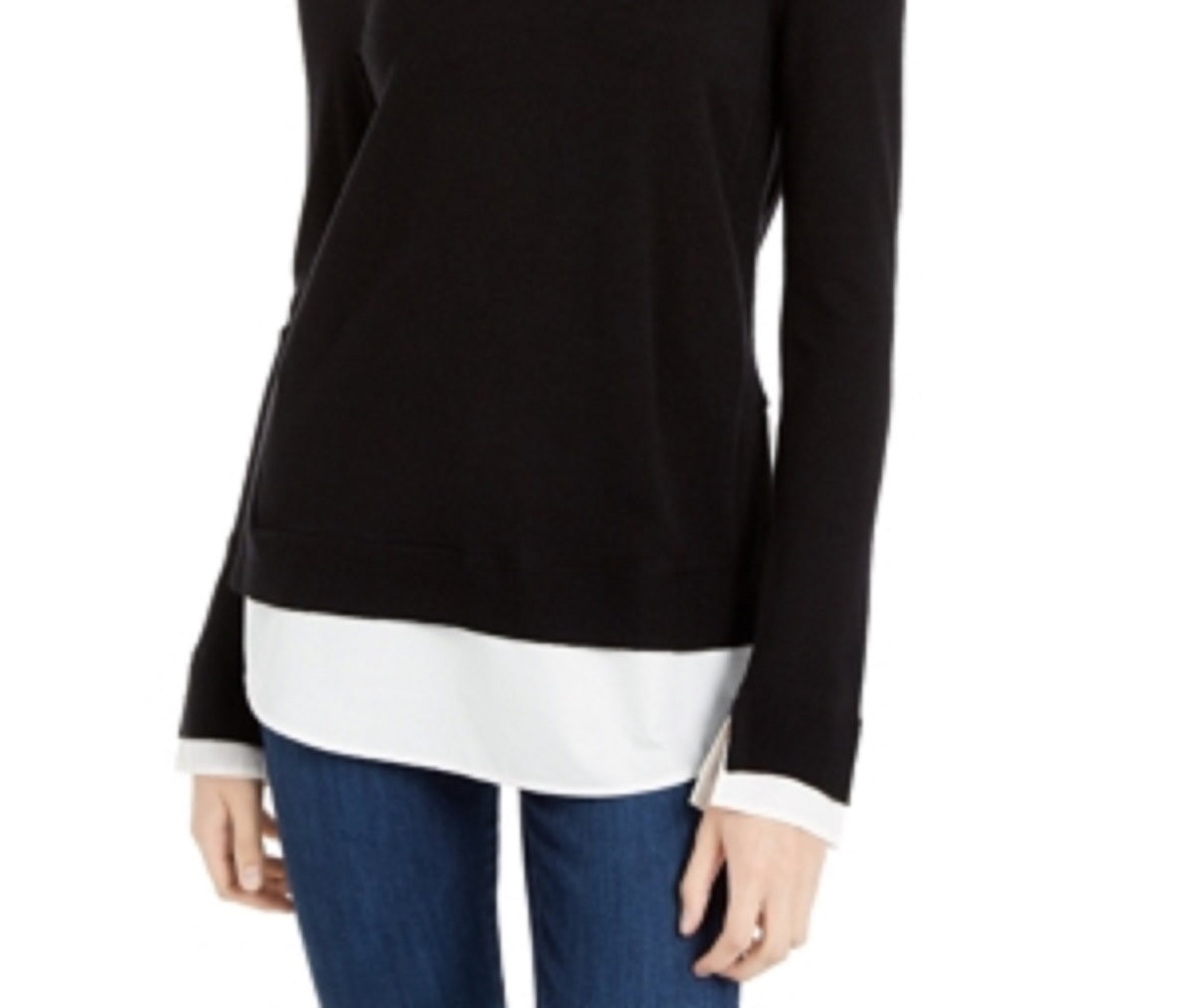 Maison Jules Women's Scalloped-Neck Layered-Look Sweater Black Size Large