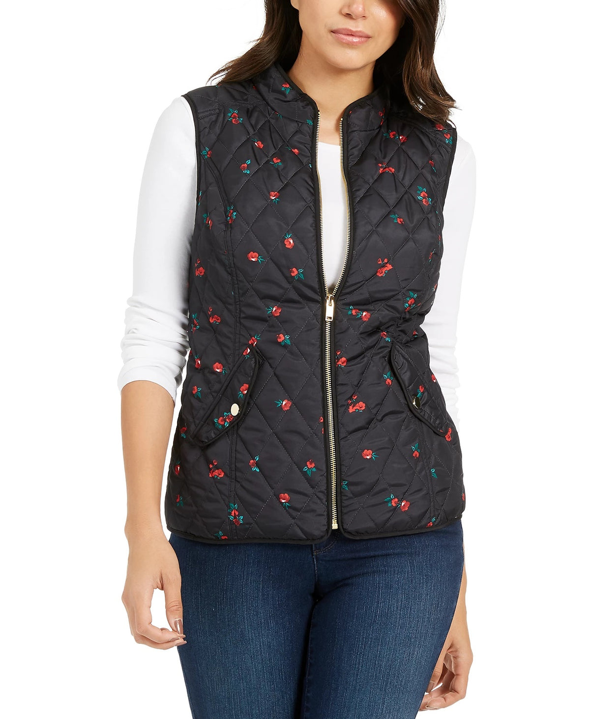 Charter Club Women's Floral-Print Quilted Vest Black Size Medium