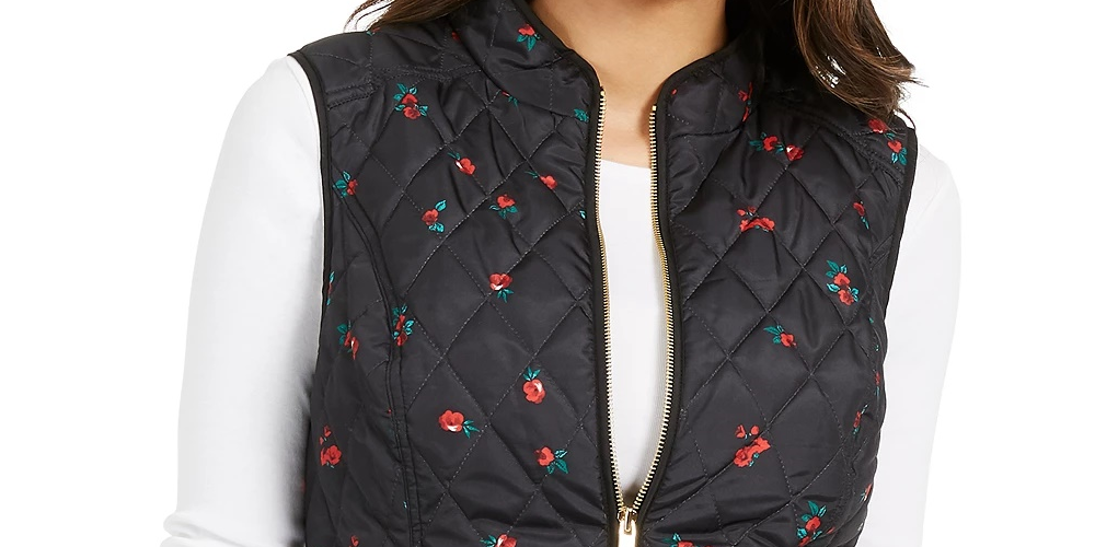 Charter Club Women's Floral-Print Quilted Vest Black Size Medium