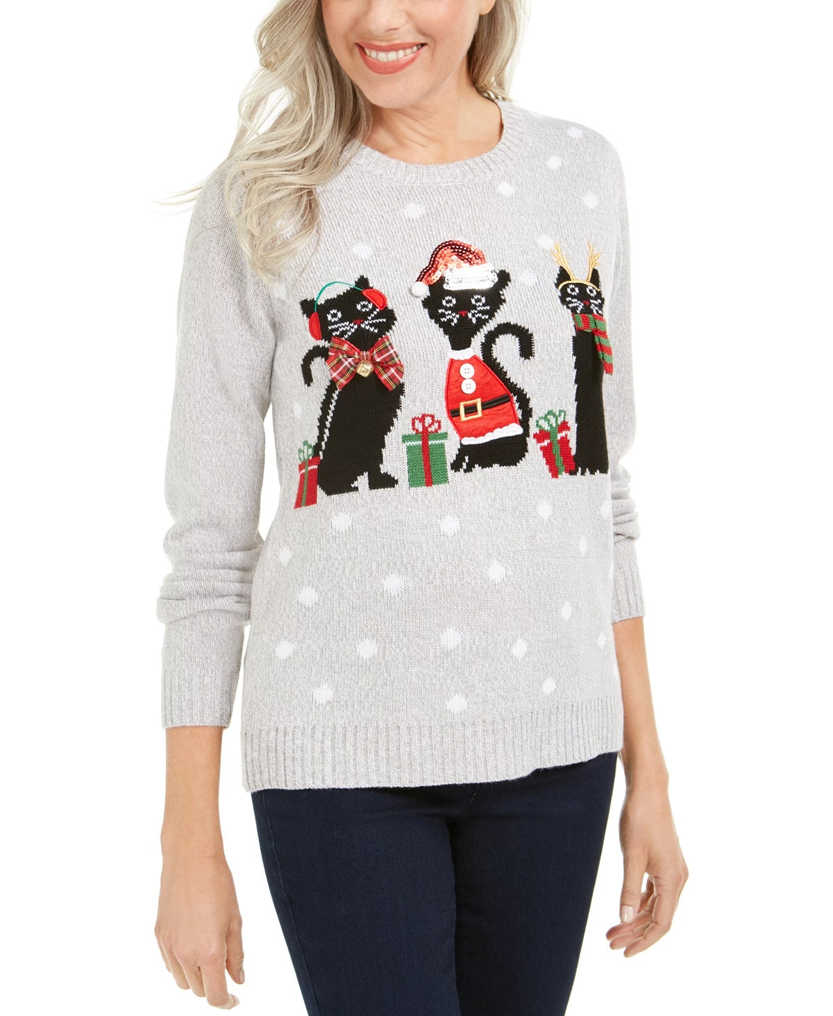 Karen Scott Women's Cat Applique Holiday Sweater Med Gray Size Medium